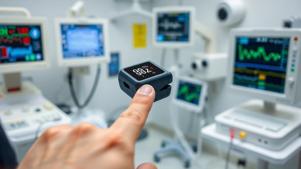 Pulse oximeter displaying oxygen saturation reading on patient fingertip, clinical laboratory environment with medical monitors and healthcare technology