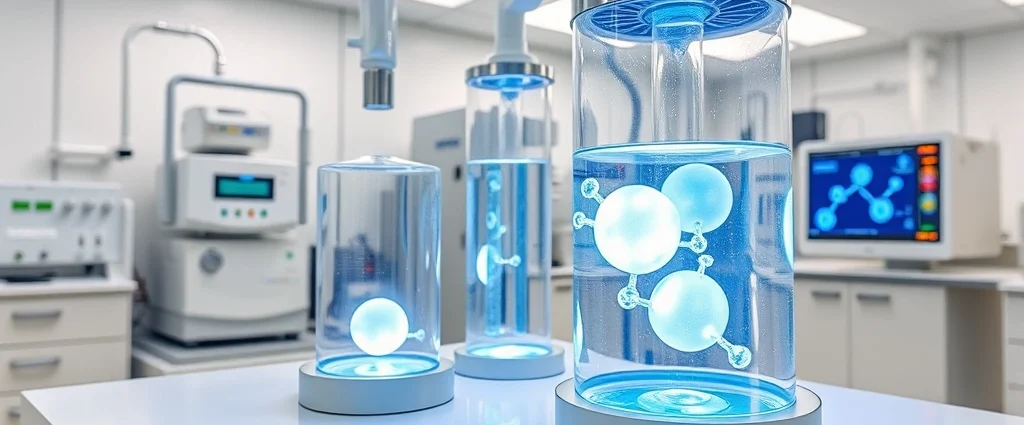 A modern medical laboratory with ozone generation equipment and glass vessels containing oxygen molecules visualized as glowing spheres, sterile environment with professional scientific instruments and digital displays showing molecular structures