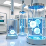 A modern medical laboratory with ozone generation equipment and glass vessels containing oxygen molecules visualized as glowing spheres, sterile environment with professional scientific instruments and digital displays showing molecular structures