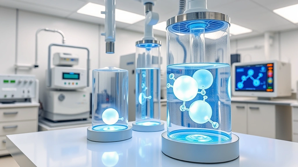 A modern medical laboratory with ozone generation equipment and glass vessels containing oxygen molecules visualized as glowing spheres, sterile environment with professional scientific instruments and digital displays showing molecular structures