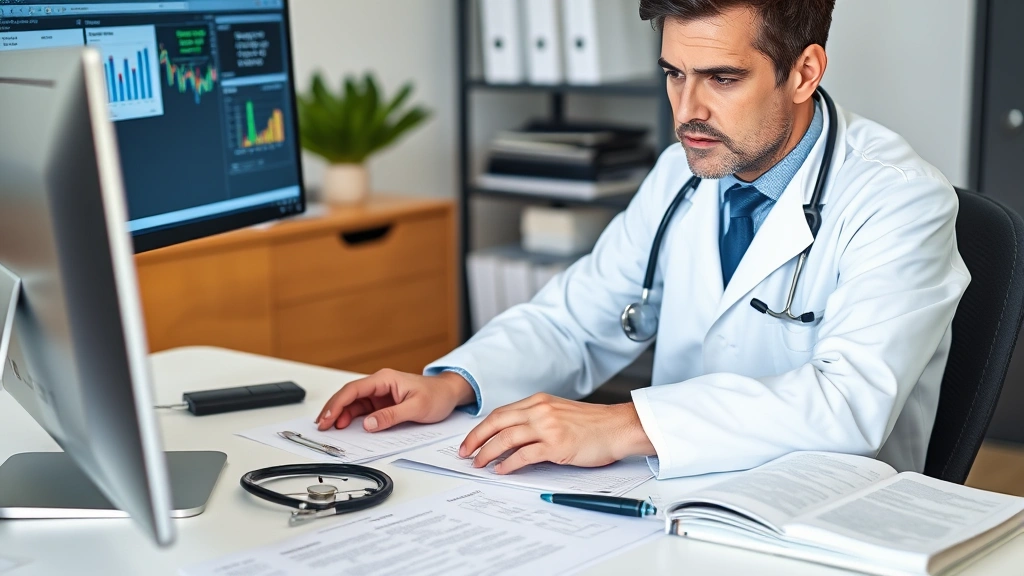 A healthcare professional in white coat reviewing medical documents and research papers at a desk with a computer showing clinical trial data, stethoscope and medical reference books visible, serious analytical expression studying evidence-based medicine