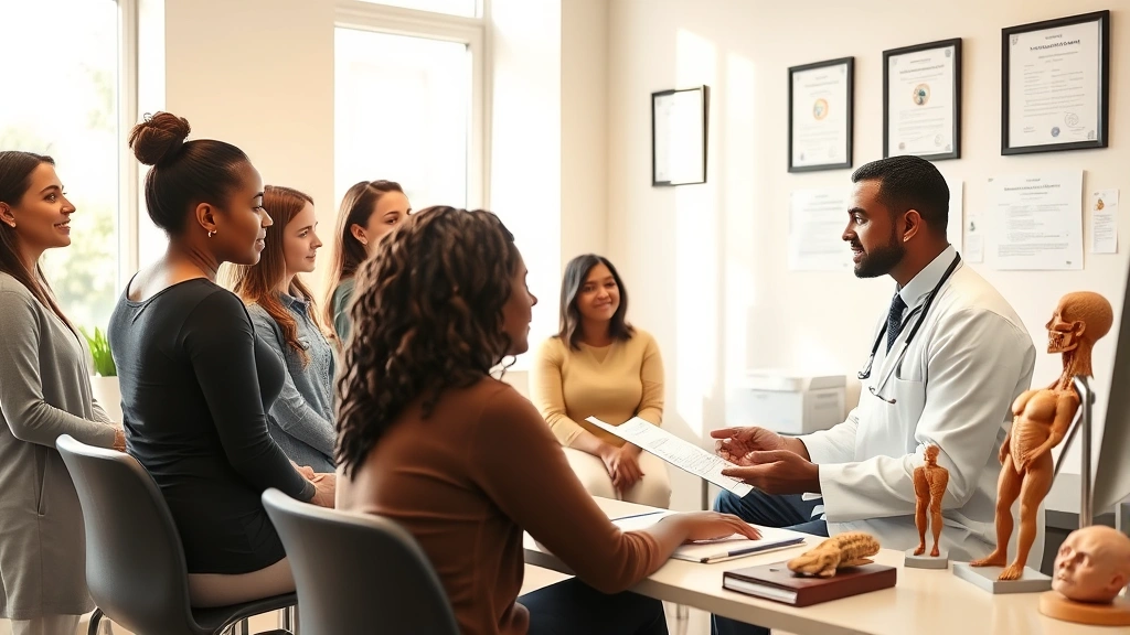 A diverse group of people in a wellness clinic consultation room, patient discussing treatment options with a doctor at a desk with charts and anatomical models, natural lighting from windows, professional healthcare setting with medical certifications on walls