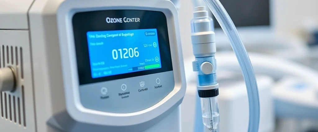 Photorealistic close-up of advanced dental ozone generator equipment with blue digital display and oxygen tubing, clinical dental laboratory setting, professional medical device