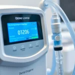 Photorealistic close-up of advanced dental ozone generator equipment with blue digital display and oxygen tubing, clinical dental laboratory setting, professional medical device