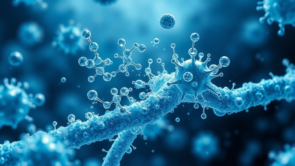 Photorealistic microscopic visualization of ozone molecules attacking bacterial cell membranes, molecular oxidation process, scientific illustration style with blue and white particles