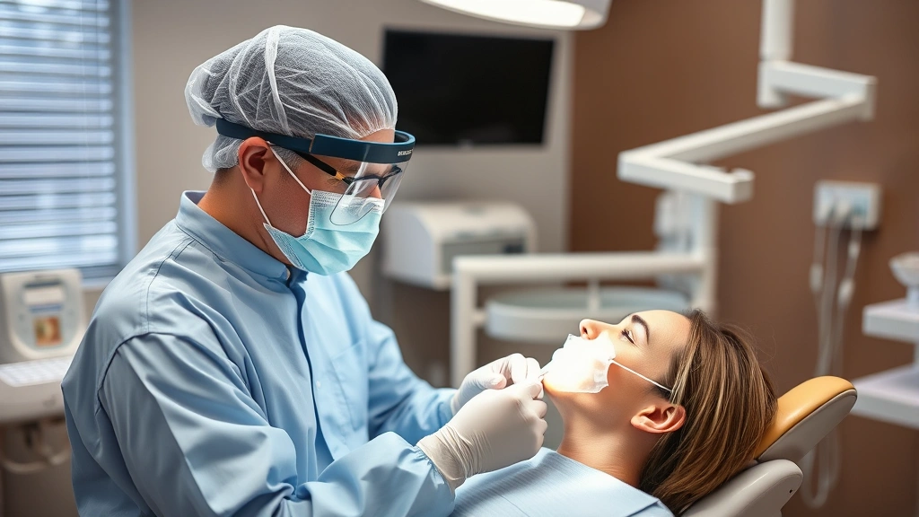Photorealistic dental professional wearing protective equipment administering ozone therapy to patient in modern dental chair, clinical treatment environment, proper safety protocols visible