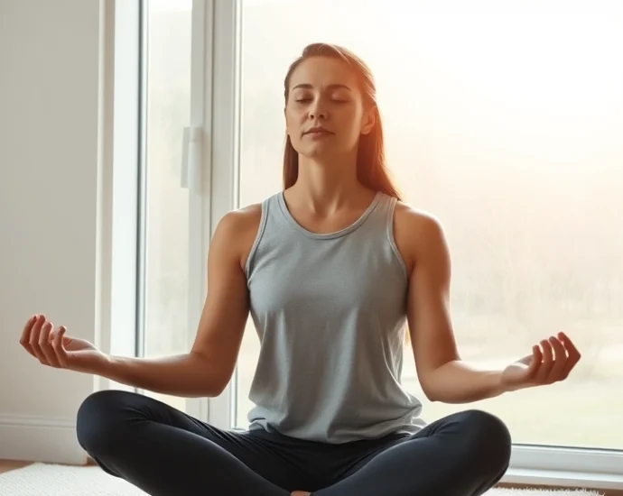 A person sitting in peaceful meditation posture by a serene window with soft natural light streaming through, showing calm facial expression and relaxed shoulders, professional wellness photography style