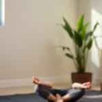 Person meditating in peaceful environment with serene expression, soft natural lighting, calm background, professional wellness setting
