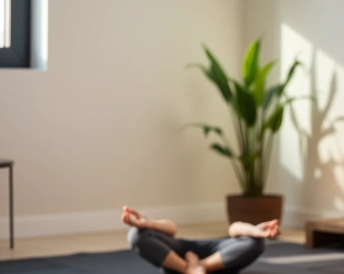 Person meditating in peaceful environment with serene expression, soft natural lighting, calm background, professional wellness setting