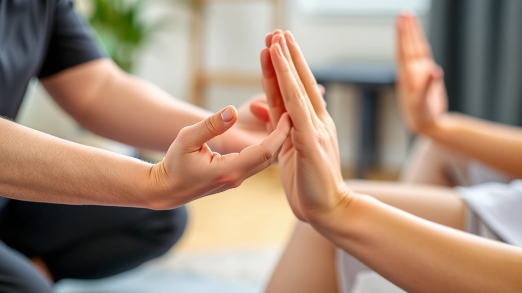 Close-up of hands performing mindful breathing exercise during physical therapy session, therapist and patient interaction, healing environment