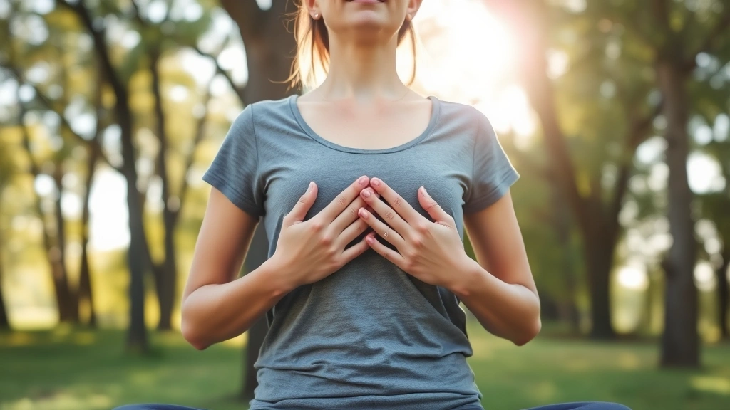 Someone practicing mindful breathing outdoors in a calm natural setting with trees and soft sunlight, hands positioned on chest and belly, showing conscious breathing technique, peaceful wellness imagery