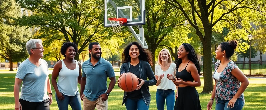 Group of diverse adults playing basketball in a sunny urban park with green trees and natural grass, laughing and engaged, warm afternoon lighting showing joy and community