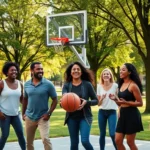 Group of diverse adults playing basketball in a sunny urban park with green trees and natural grass, laughing and engaged, warm afternoon lighting showing joy and community