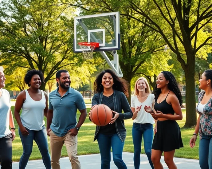 Group of diverse adults playing basketball in a sunny urban park with green trees and natural grass, laughing and engaged, warm afternoon lighting showing joy and community