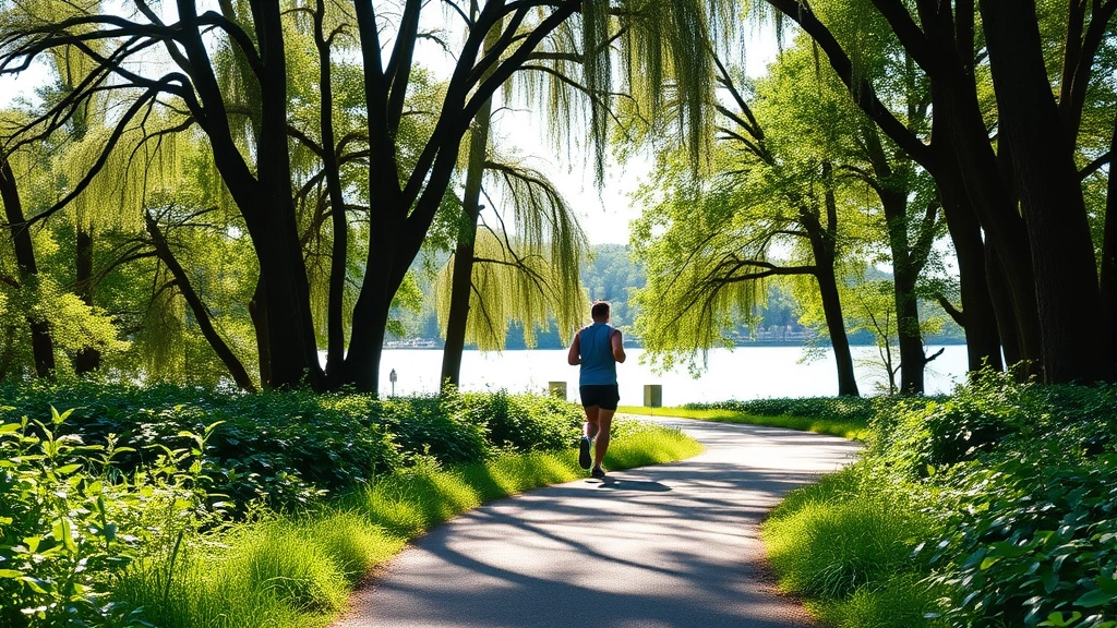 Individual jogging on a peaceful park trail surrounded by lush green vegetation, tall trees creating dappled sunlight, serene natural landscape with water visible in background