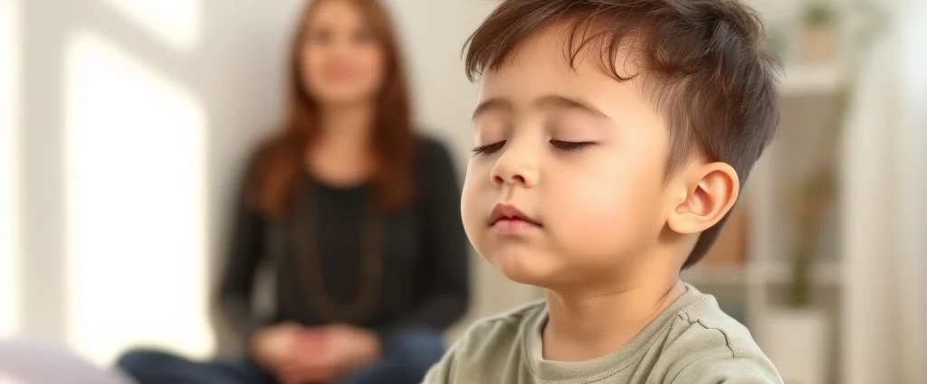 Child sitting peacefully with eyes closed during guided mindfulness meditation session, soft natural lighting in therapy room, calm composed facial expression, wearing comfortable clothing