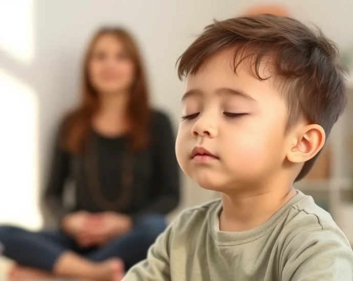 Child sitting peacefully with eyes closed during guided mindfulness meditation session, soft natural lighting in therapy room, calm composed facial expression, wearing comfortable clothing