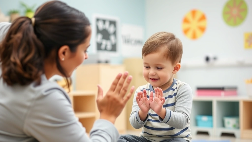 Pediatric occupational therapist guiding young child through mindful hand movement activity, child focused on sensory experience, therapist demonstrating present-moment awareness, bright welcoming clinical setting