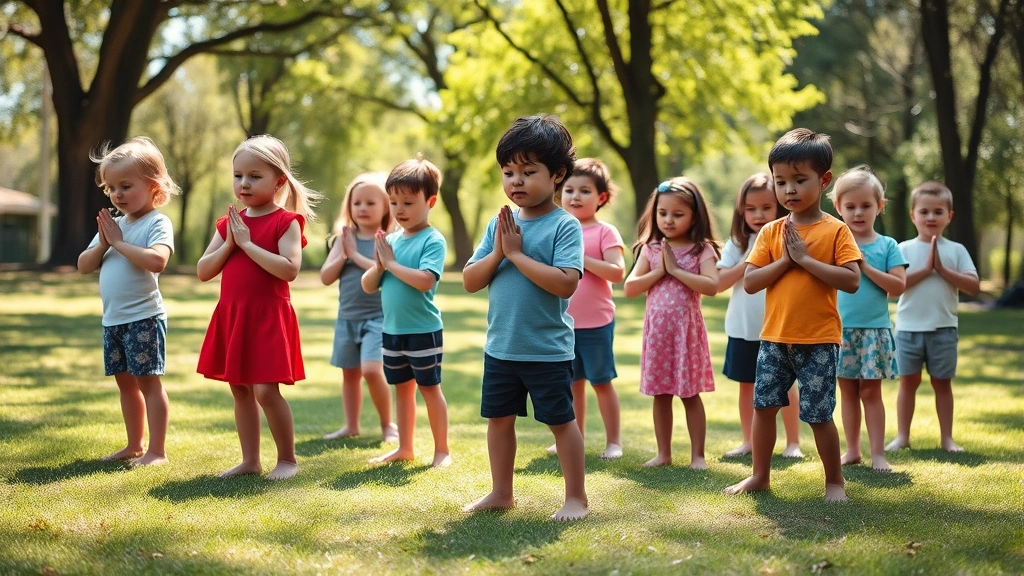 Diverse group of children practicing grounding techniques outdoors, barefoot on grass, showing body awareness and peaceful engagement, natural sunlight, trees in background, demonstrating mindfulness in natural environment
