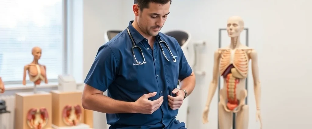 A male physical therapist in professional attire demonstrating proper posture and body mechanics during a pelvic floor assessment session with anatomical models visible in a modern clinical setting, professional medical environment, no text or labels visible