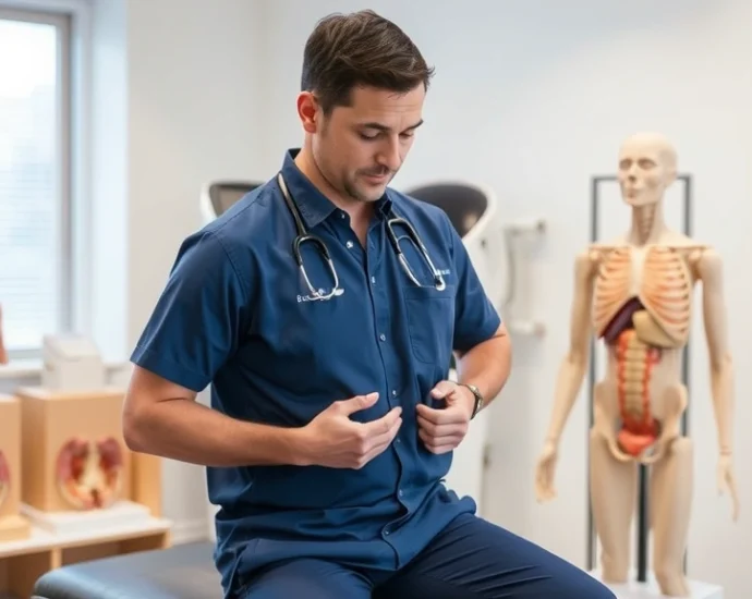 A male physical therapist in professional attire demonstrating proper posture and body mechanics during a pelvic floor assessment session with anatomical models visible in a modern clinical setting, professional medical environment, no text or labels visible
