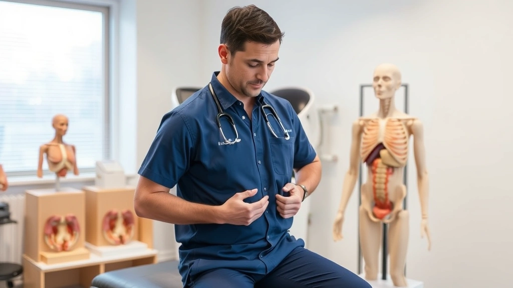 A male physical therapist in professional attire demonstrating proper posture and body mechanics during a pelvic floor assessment session with anatomical models visible in a modern clinical setting, professional medical environment, no text or labels visible