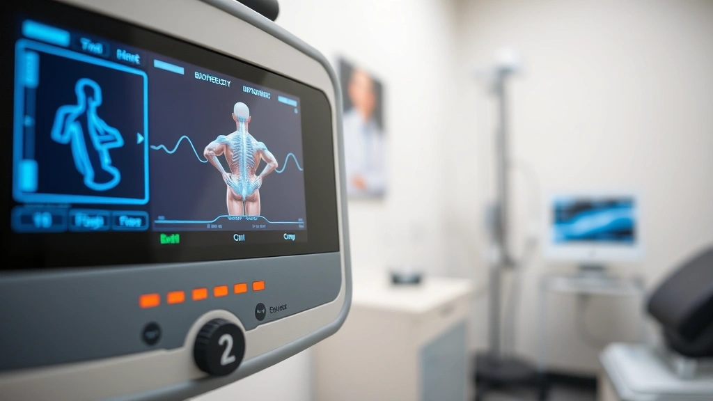 Close-up of biofeedback equipment with digital display showing muscle activity patterns, modern medical device with clean clinical background, healthcare technology focused, no screen text readable, professional setting