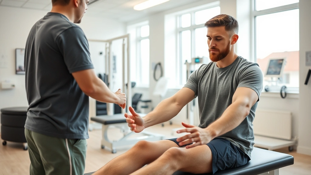 Male patient performing therapeutic exercises under guidance in a bright, modern physical therapy clinic with exercise equipment and supportive environment, active rehabilitation session, clinical setting, no people's faces clearly visible