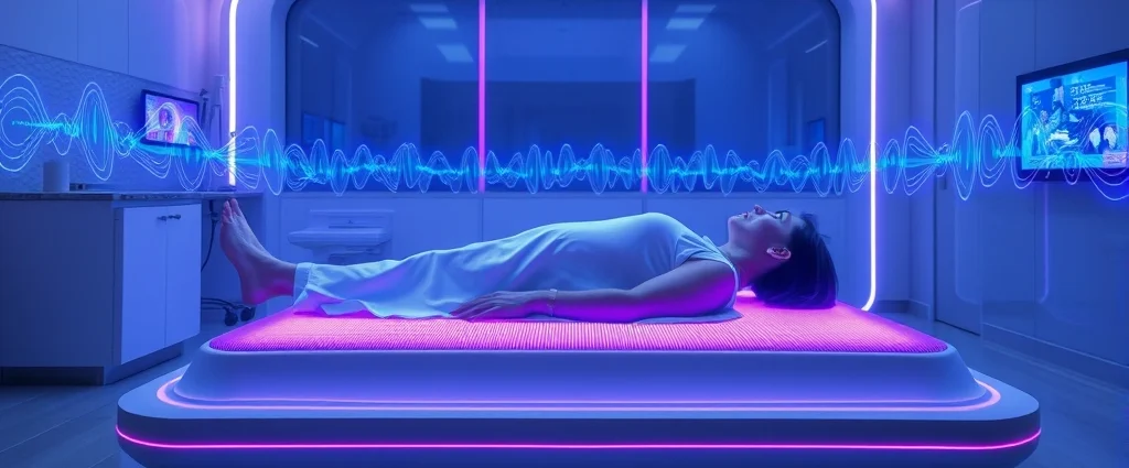 A futuristic medical clinic showing a patient lying on a PEMF therapy mat with electromagnetic wave visualizations in blue and purple light emanating from the device, showing the technology in action without any text or screens visible