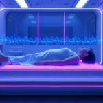 A futuristic medical clinic showing a patient lying on a PEMF therapy mat with electromagnetic wave visualizations in blue and purple light emanating from the device, showing the technology in action without any text or screens visible
