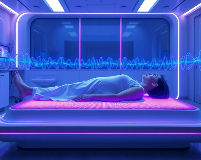 A futuristic medical clinic showing a patient lying on a PEMF therapy mat with electromagnetic wave visualizations in blue and purple light emanating from the device, showing the technology in action without any text or screens visible