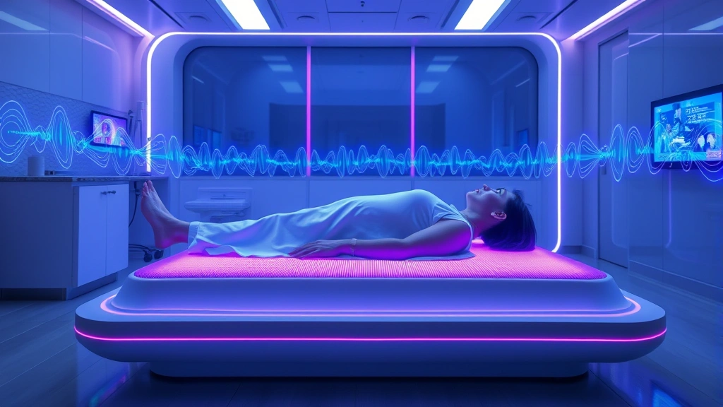 A futuristic medical clinic showing a patient lying on a PEMF therapy mat with electromagnetic wave visualizations in blue and purple light emanating from the device, showing the technology in action without any text or screens visible