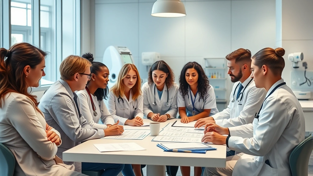 A diverse group of healthcare professionals in a modern wellness center discussing treatment plans around a table with medical charts and wellness equipment visible in the background, photorealistic clinical setting