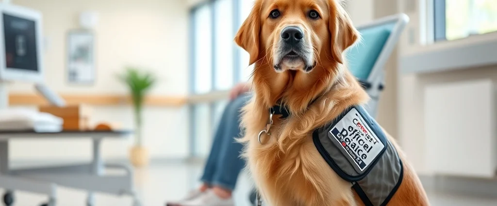 Certified therapy golden retriever dog wearing official service vest, sitting calmly beside a patient in a modern hospital room with soft natural lighting, professional and calming atmosphere