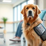 Certified therapy golden retriever dog wearing official service vest, sitting calmly beside a patient in a modern hospital room with soft natural lighting, professional and calming atmosphere