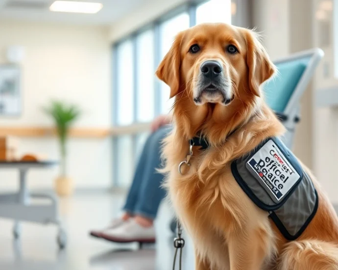 Certified therapy golden retriever dog wearing official service vest, sitting calmly beside a patient in a modern hospital room with soft natural lighting, professional and calming atmosphere