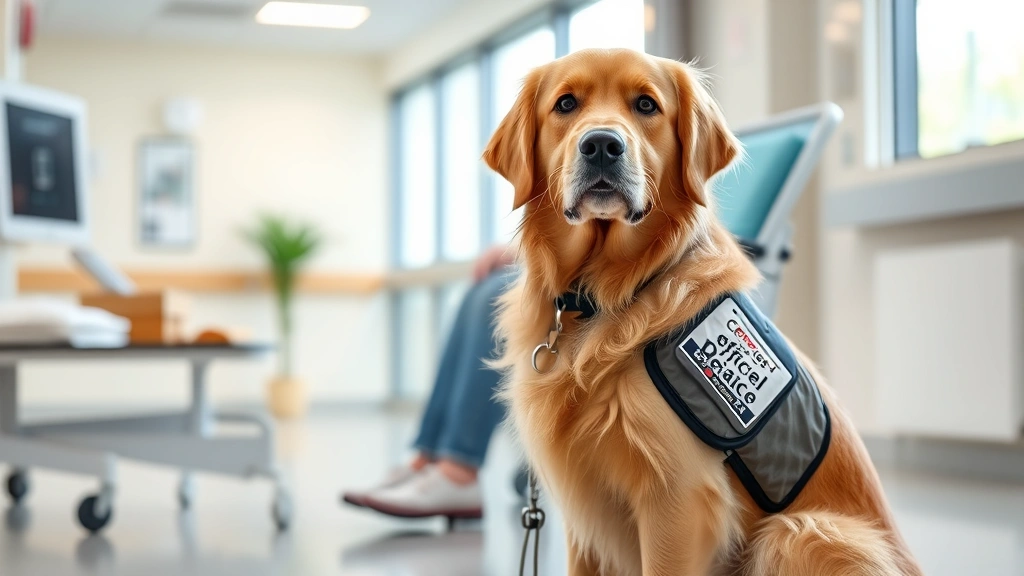 Certified therapy golden retriever dog wearing official service vest, sitting calmly beside a patient in a modern hospital room with soft natural lighting, professional and calming atmosphere