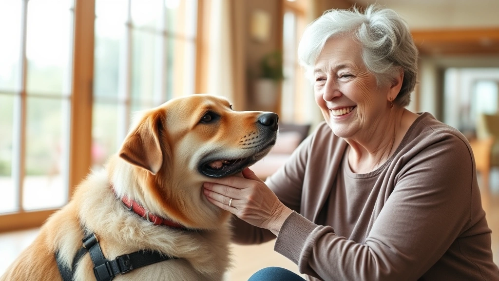 Elderly woman in comfortable clothing smiling while petting a calm trained therapy dog in a bright assisted living facility with warm wood tones and large windows