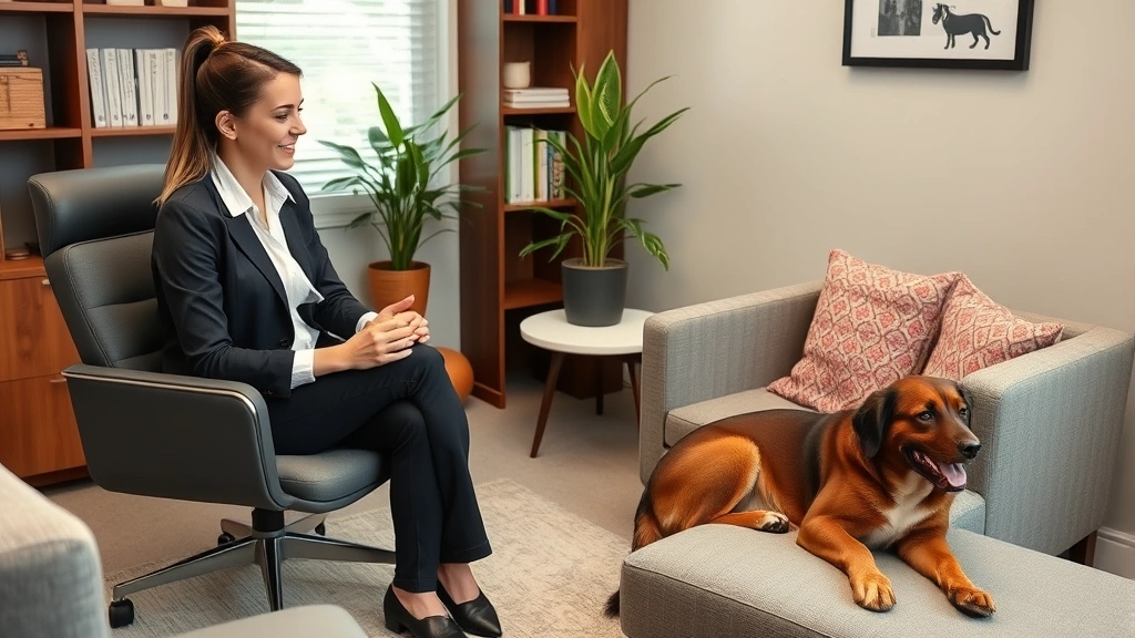 Licensed therapist in professional office conducting session with client while a certified therapy animal rests peacefully nearby, evidence-based therapeutic environment with comfortable seating