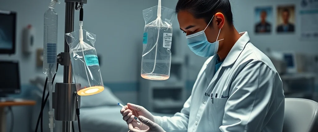 A medical professional performing therapeutic phlebotomy in a clinical setting, with sterile equipment and calm lighting, showing the collection bag and IV line, photorealistic healthcare environment