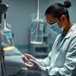 A medical professional performing therapeutic phlebotomy in a clinical setting, with sterile equipment and calm lighting, showing the collection bag and IV line, photorealistic healthcare environment