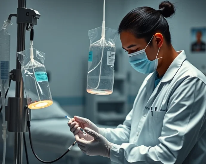 A medical professional performing therapeutic phlebotomy in a clinical setting, with sterile equipment and calm lighting, showing the collection bag and IV line, photorealistic healthcare environment