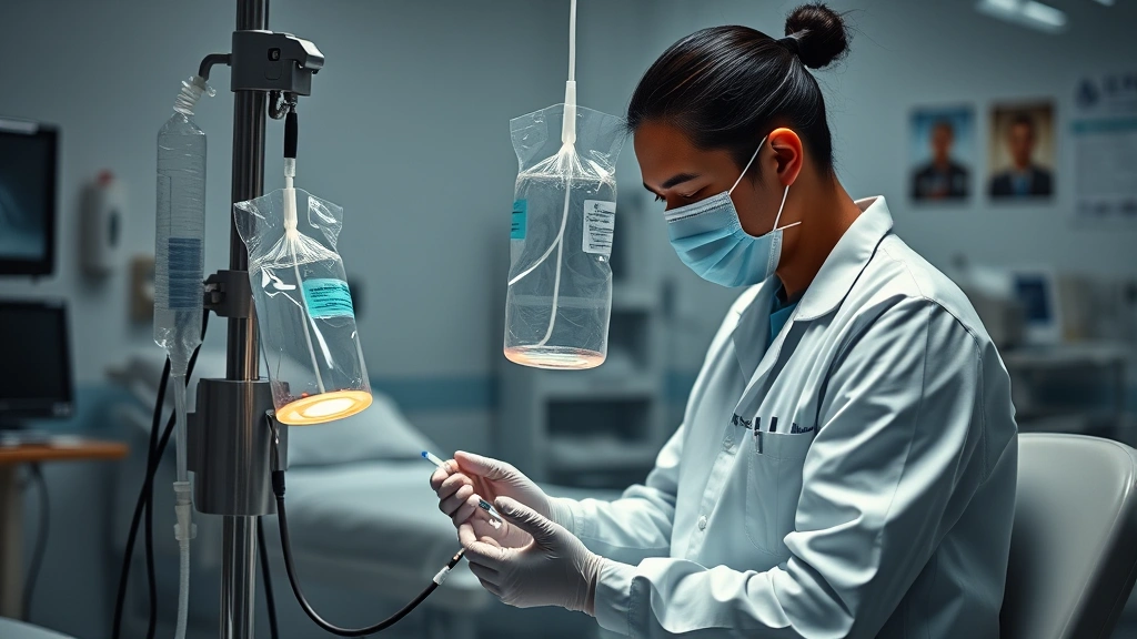 A medical professional performing therapeutic phlebotomy in a clinical setting, with sterile equipment and calm lighting, showing the collection bag and IV line, photorealistic healthcare environment