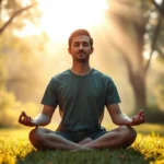 Serene person meditating in peaceful natural setting with soft sunlight filtering through trees, calm expression, sitting in lotus position on grass, ethereal atmosphere, no text visible, photorealistic