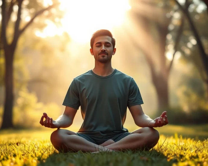 Serene person meditating in peaceful natural setting with soft sunlight filtering through trees, calm expression, sitting in lotus position on grass, ethereal atmosphere, no text visible, photorealistic