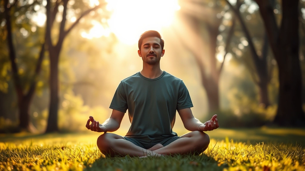 Serene person meditating in peaceful natural setting with soft sunlight filtering through trees, calm expression, sitting in lotus position on grass, ethereal atmosphere, no text visible, photorealistic