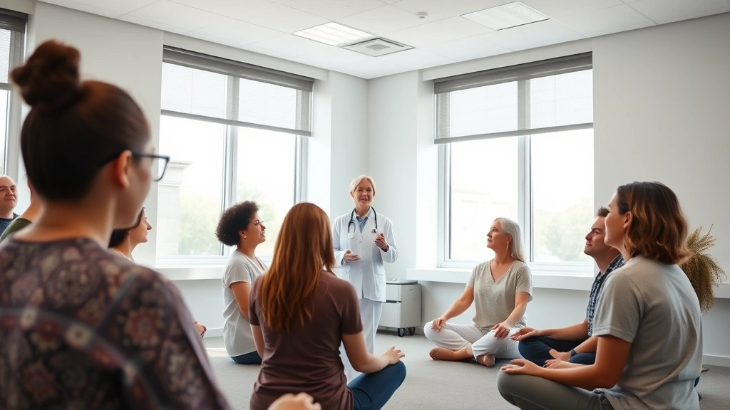 Healthcare professional leading mindfulness session with diverse group of people sitting peacefully in circle, natural lighting from windows, focused expressions, no visible screens or text, contemporary clinical setting