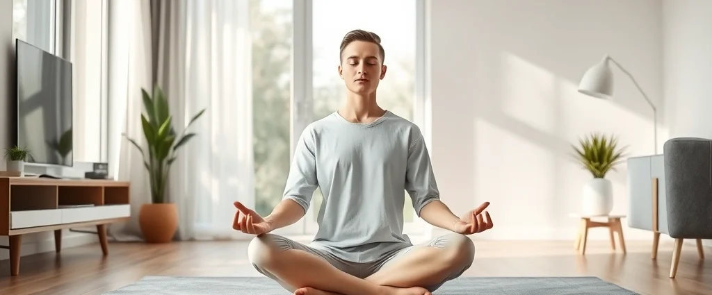 Person sitting cross-legged in peaceful meditation pose in minimalist modern living room with soft natural light streaming through window, serene facial expression, photorealistic high quality