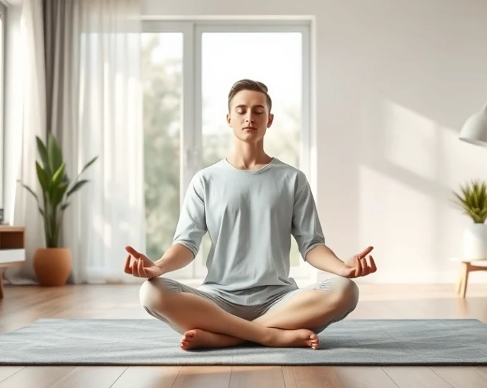 Person sitting cross-legged in peaceful meditation pose in minimalist modern living room with soft natural light streaming through window, serene facial expression, photorealistic high quality