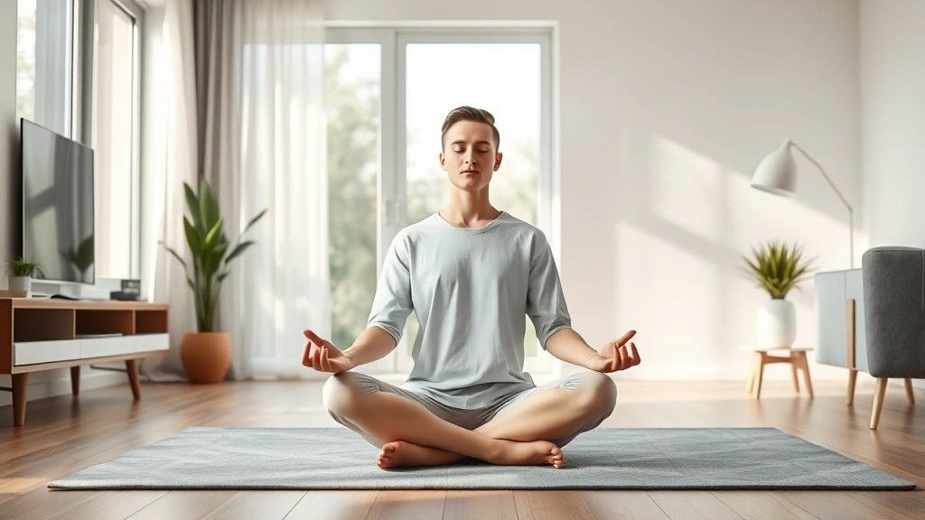 Person sitting cross-legged in peaceful meditation pose in minimalist modern living room with soft natural light streaming through window, serene facial expression, photorealistic high quality